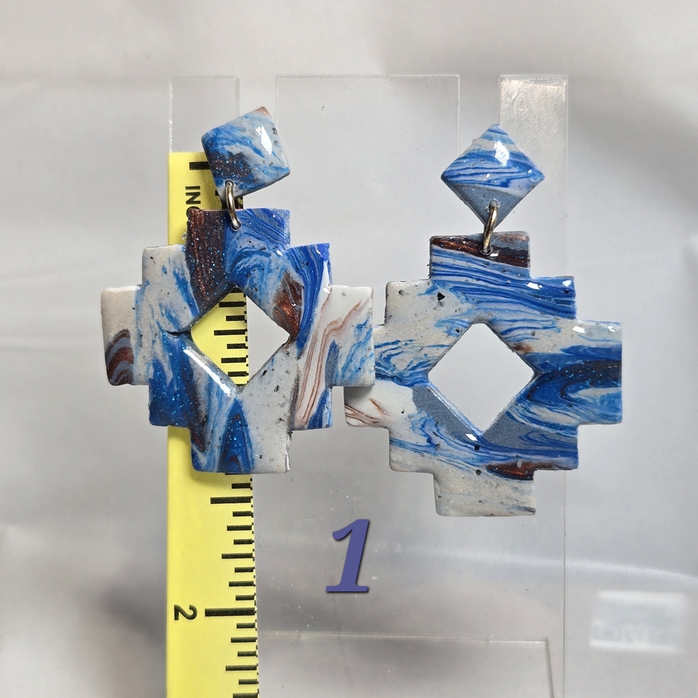#95-96- Geometric Blue and White Swirl Earrings